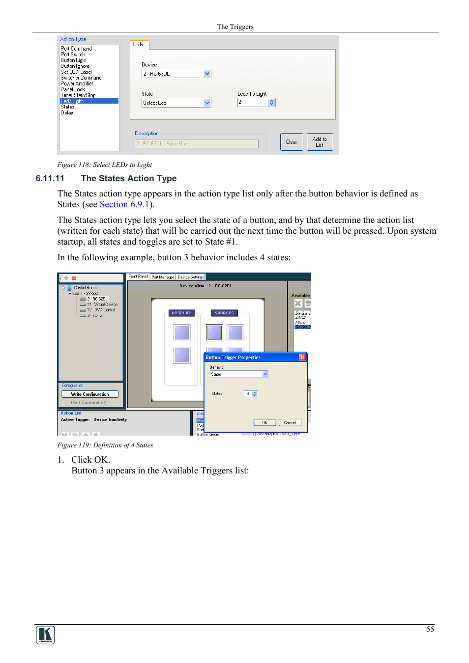 11 the states action type, Figure 118: select leds to light, Figure 119: definition of 4 states | Figure 118 | Kramer Electronics WP-501 User Manual | Page 62 / 94