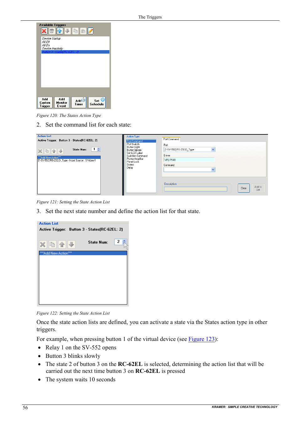 Figure 120: the states action type, Figure 121: setting the state action list, Figure 122: setting the state action list | Kramer Electronics WP-501 User Manual | Page 63 / 94