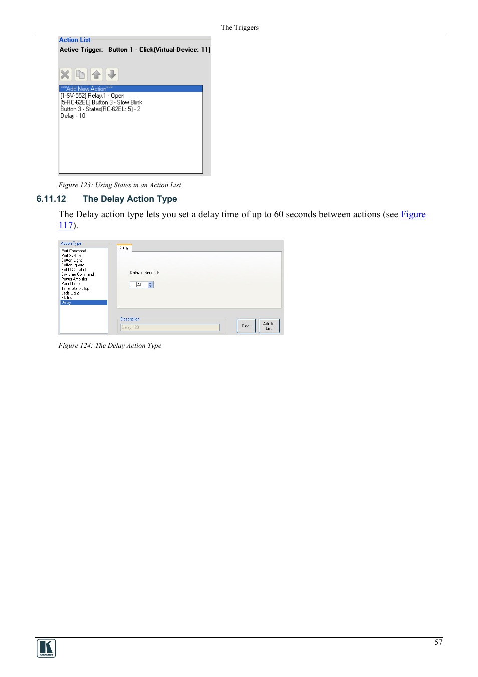 12 the delay action type, Figure 123: using states in an action list, Figure 124: the delay action type | Kramer Electronics WP-501 User Manual | Page 64 / 94