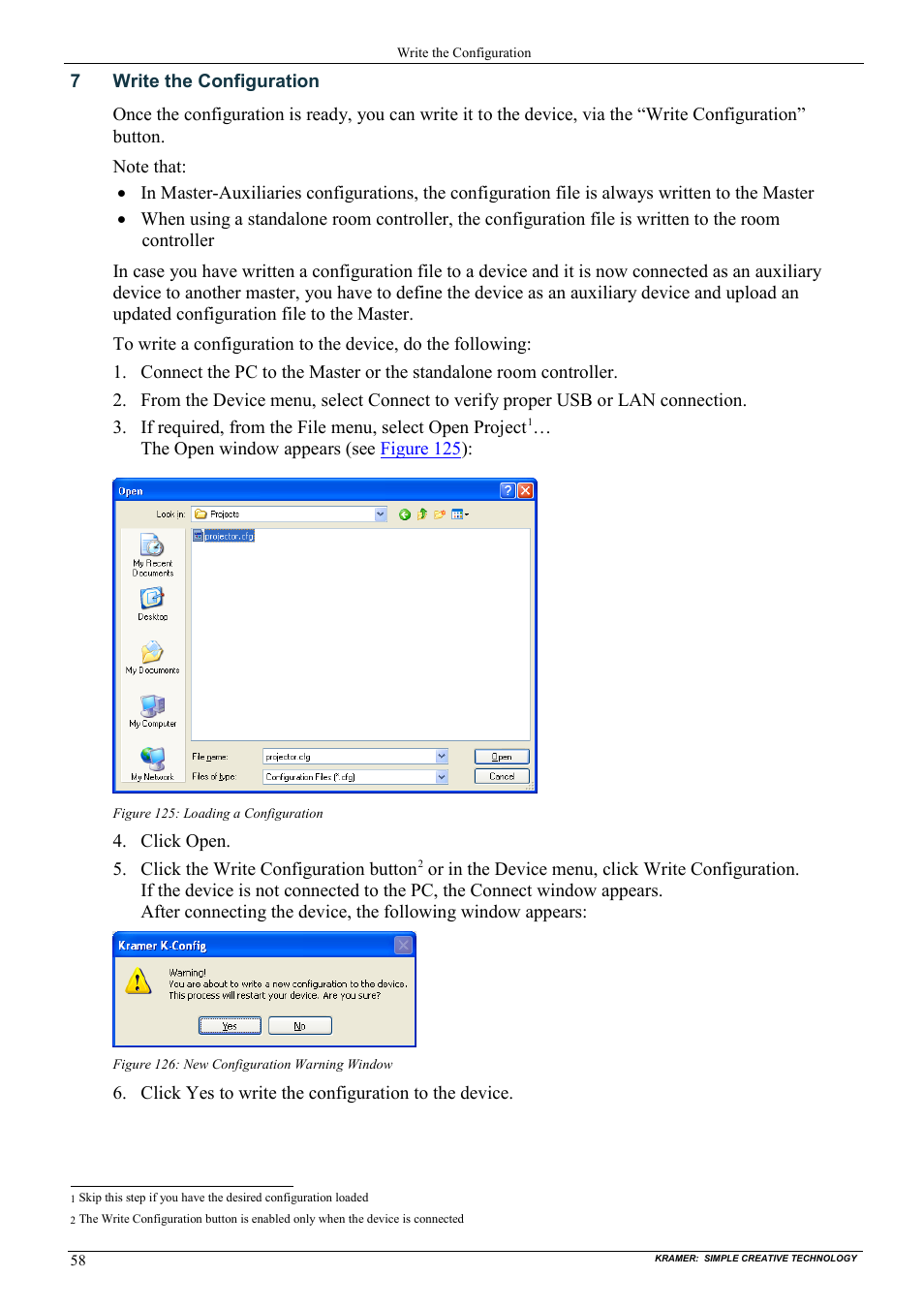 7 write the configuration, Write the configuration, Figure 125: loading a configuration | Figure 126: new configuration warning window, On 7 | Kramer Electronics WP-501 User Manual | Page 65 / 94