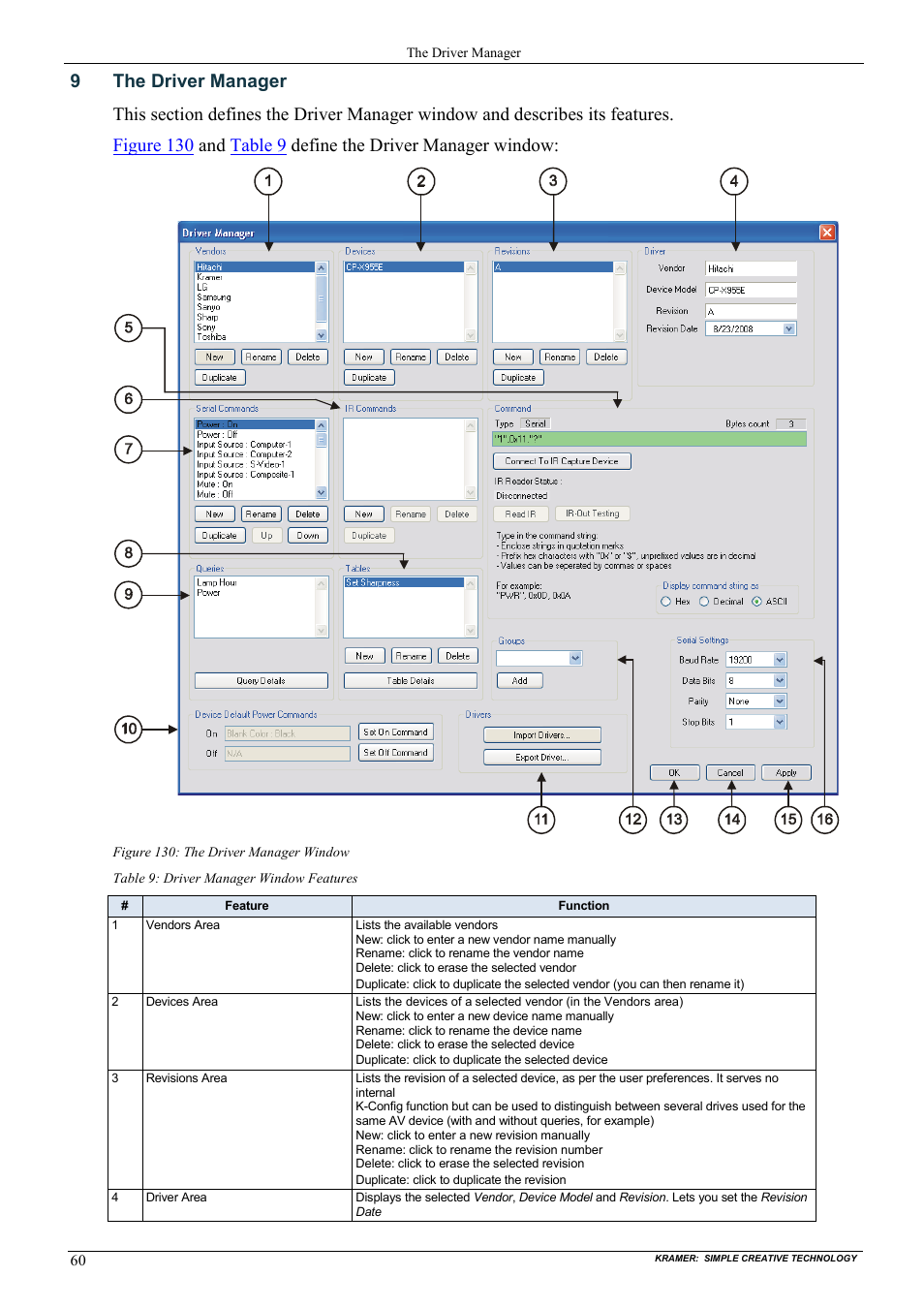 9 the driver manager, The driver manager, Figure 130: the driver manager window | Table 9: driver manager window features, On 9 | Kramer Electronics WP-501 User Manual | Page 67 / 94