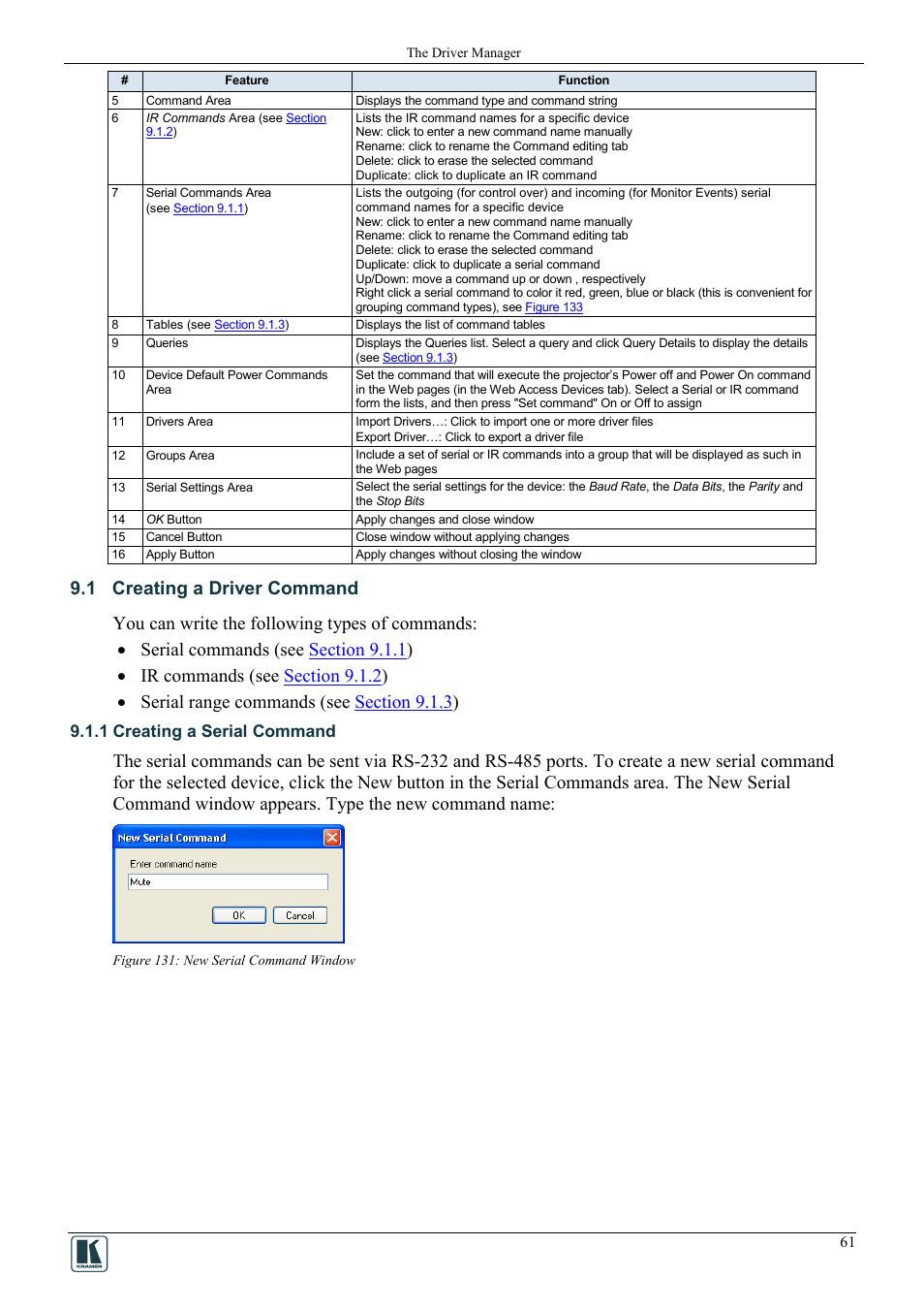 1 creating a driver command, 1 creating a serial command, Creating a driver command | Creating a serial command, Figure 131: new serial command window, Power on / power off commands | Kramer Electronics WP-501 User Manual | Page 68 / 94