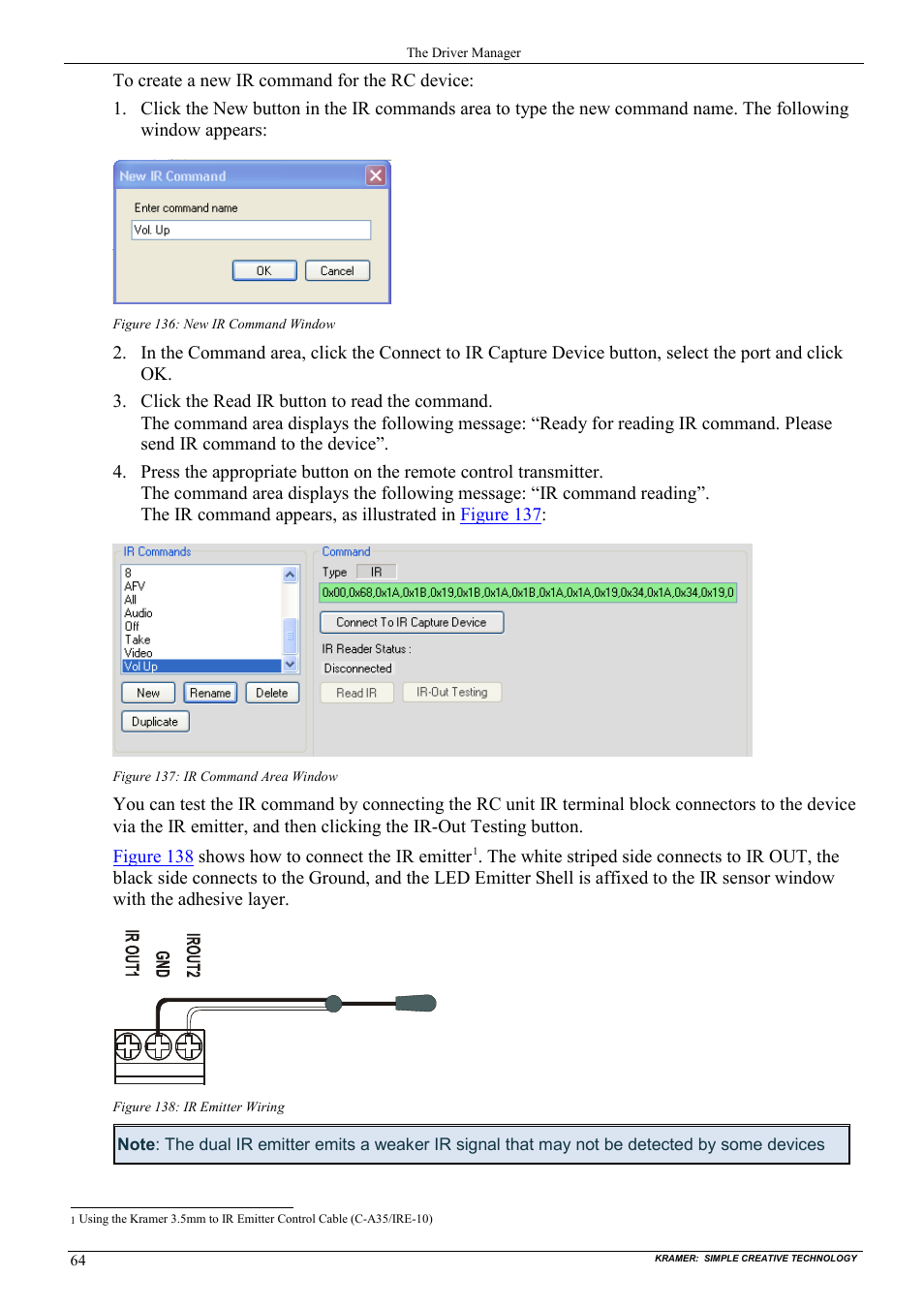 Figure 136: new ir command window, Figure 137: ir command area window, Figure 138: ir emitter wiring | Kramer Electronics WP-501 User Manual | Page 71 / 94