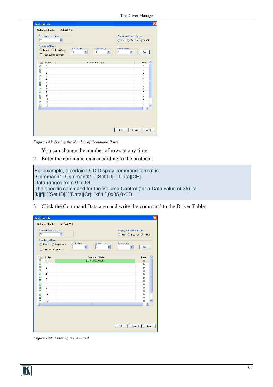 Figure 143: setting the number of command rows, Figure 144: entering a command | Kramer Electronics WP-501 User Manual | Page 74 / 94