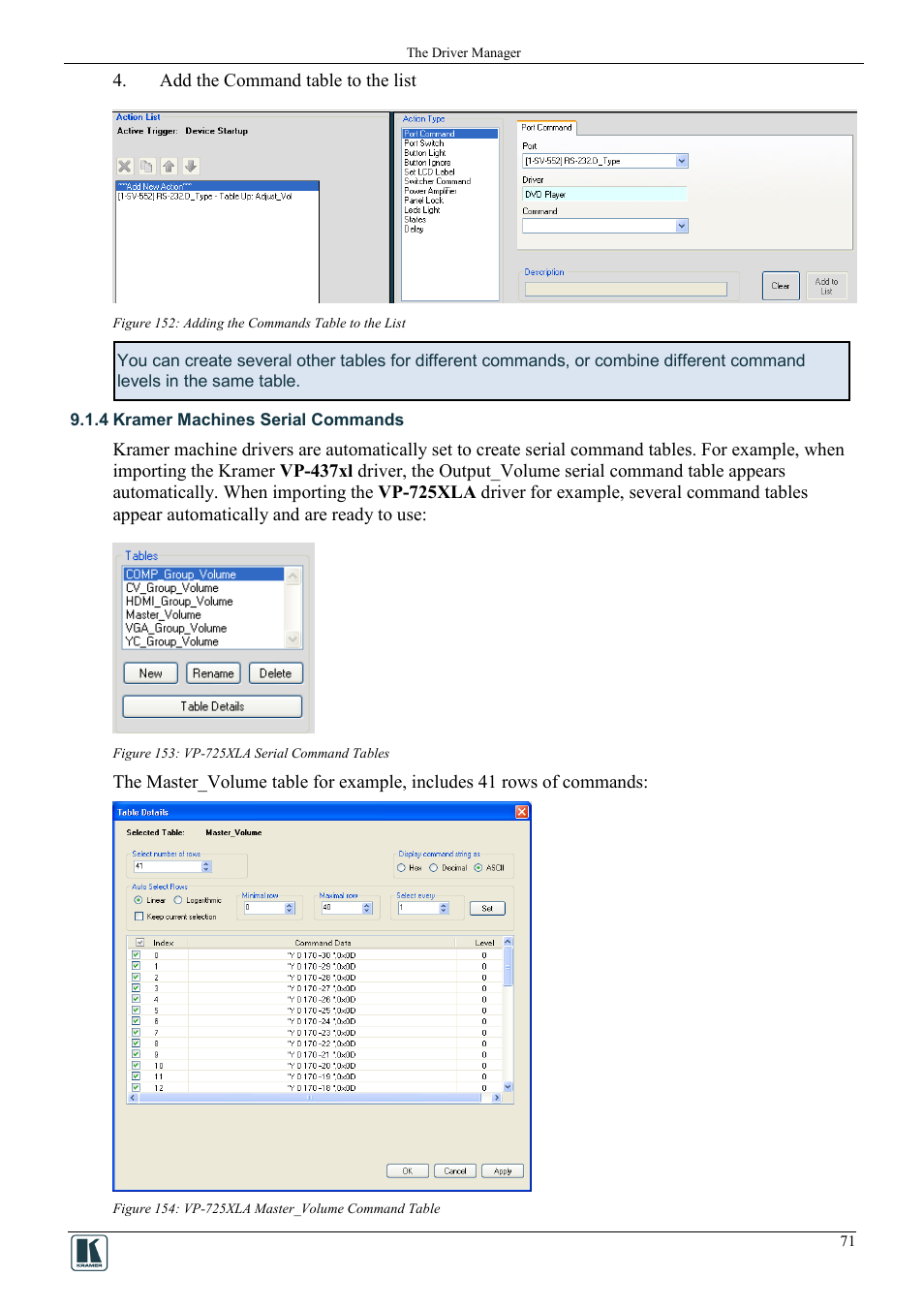 4 kramer machines serial commands, Kramer machines serial commands, Figure 152: adding the commands table to the list | Figure 153: vp-725xla serial command tables, Figure 154: vp-725xla master_volume command table | Kramer Electronics WP-501 User Manual | Page 78 / 94
