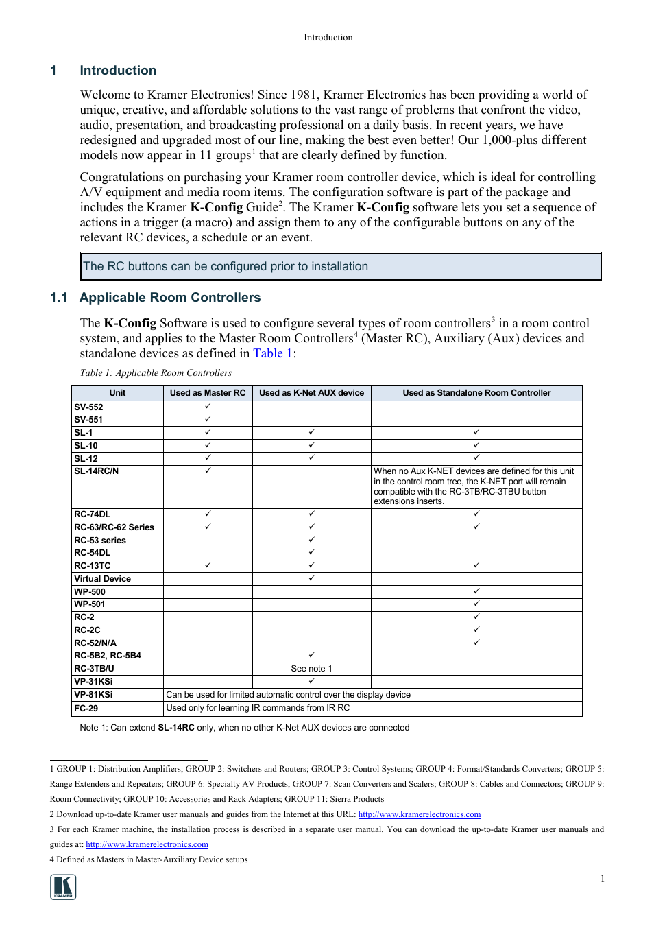 1 introduction, 1 applicable room controllers, Introduction | Applicable room controllers, Table 1: applicable room controllers | Kramer Electronics WP-501 User Manual | Page 8 / 94