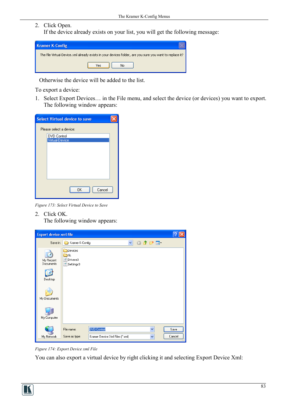 Figure 173: select virtual device to save, Figure 174: export device xml file | Kramer Electronics WP-501 User Manual | Page 90 / 94