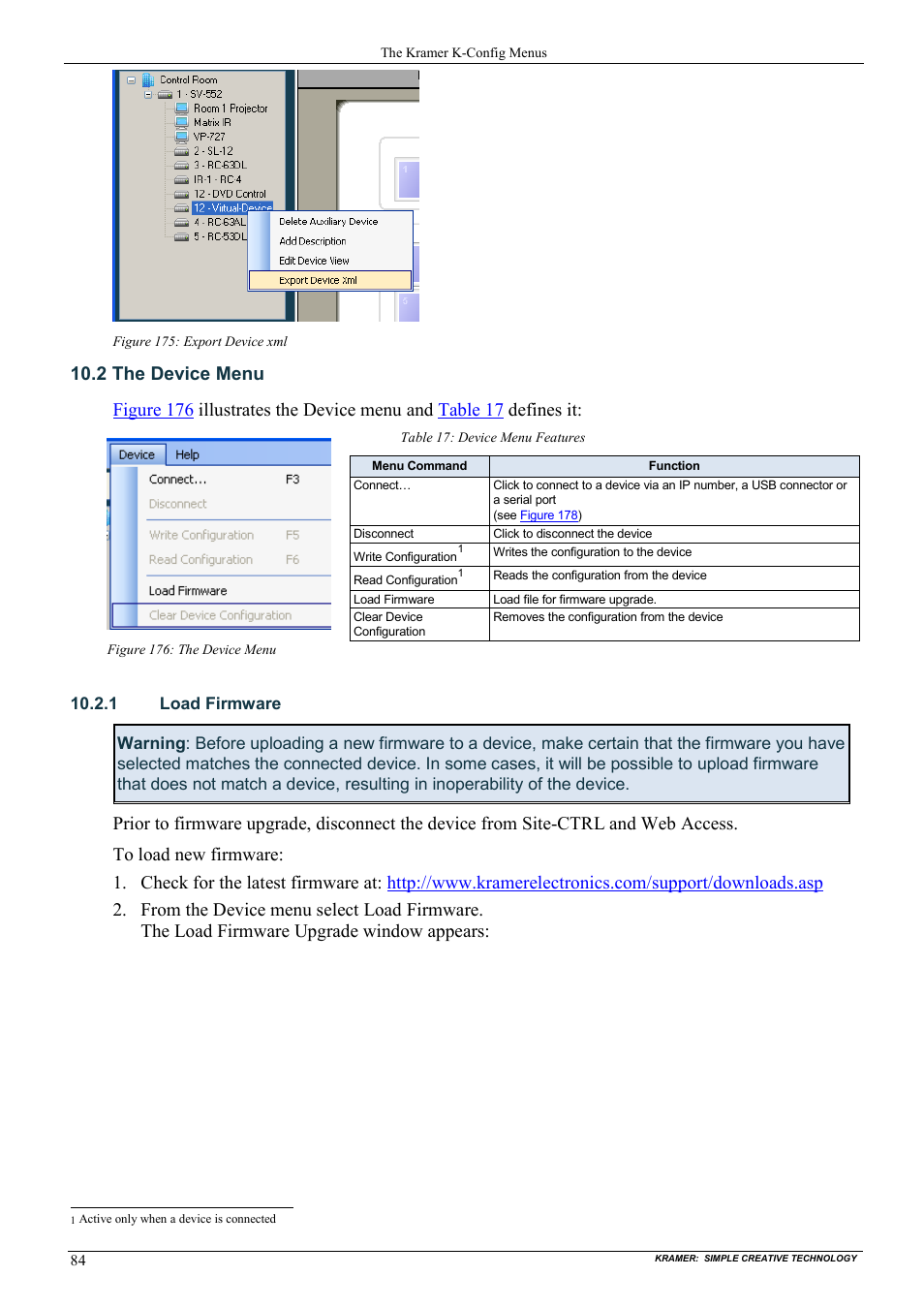 2 the device menu, 1 load firmware, The device menu | Figure 175: export device xml, Figure 176: the device menu, Table 17: device menu features | Kramer Electronics WP-501 User Manual | Page 91 / 94