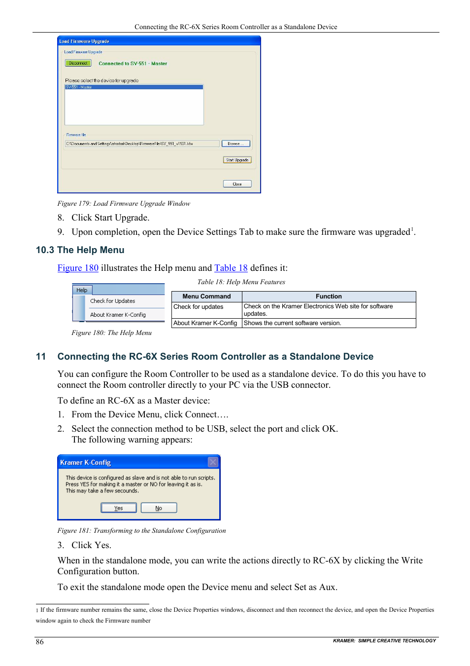 3 the help menu, The help menu, Figure 179: load firmware upgrade window | Figure 180: the help menu, Table 18: help menu features, On 11 | Kramer Electronics WP-501 User Manual | Page 93 / 94
