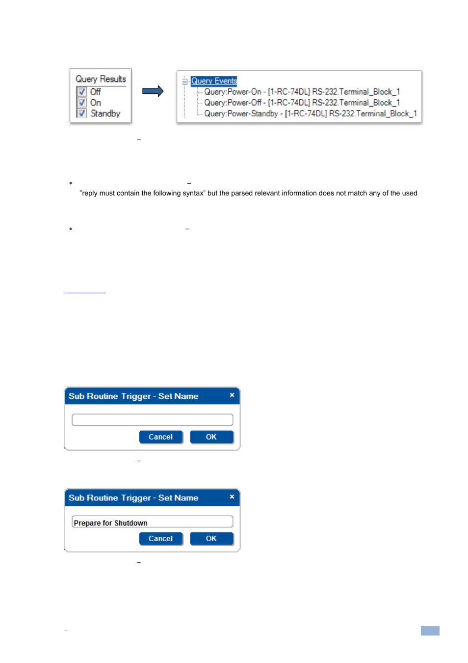 7 sub routines, Sub routines, Figure 171: query events | Creating several query triggers, Figure 172: sub routines, Create a new action group trigger, Figure 173: sub routines, Set the sub routine trigger name | Kramer Electronics WP-501 User Manual | Page 100 / 137