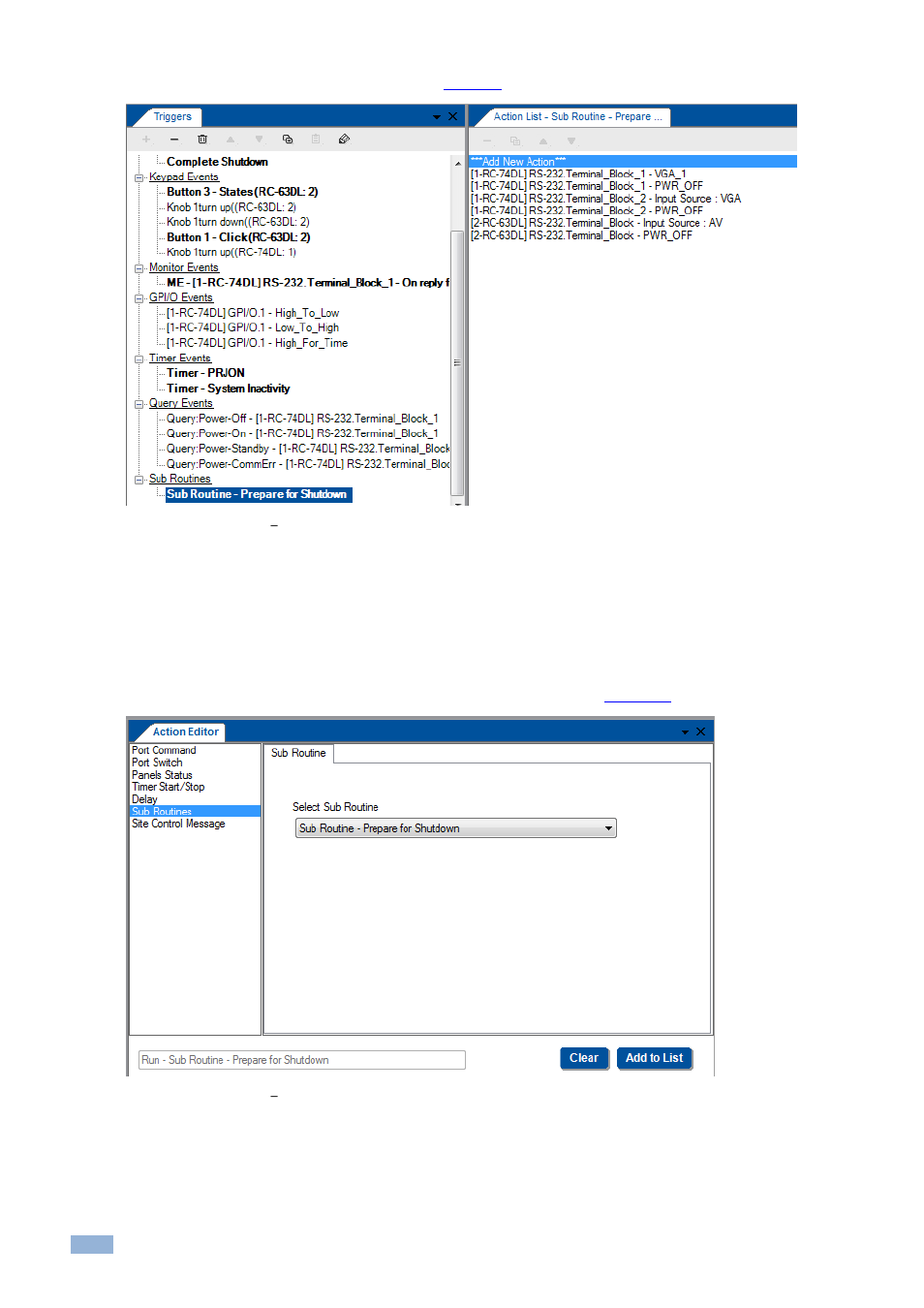 Figure 174: sub routines, Set the action group trigger name, Figure 175: sub routines | Kramer Electronics WP-501 User Manual | Page 101 / 137
