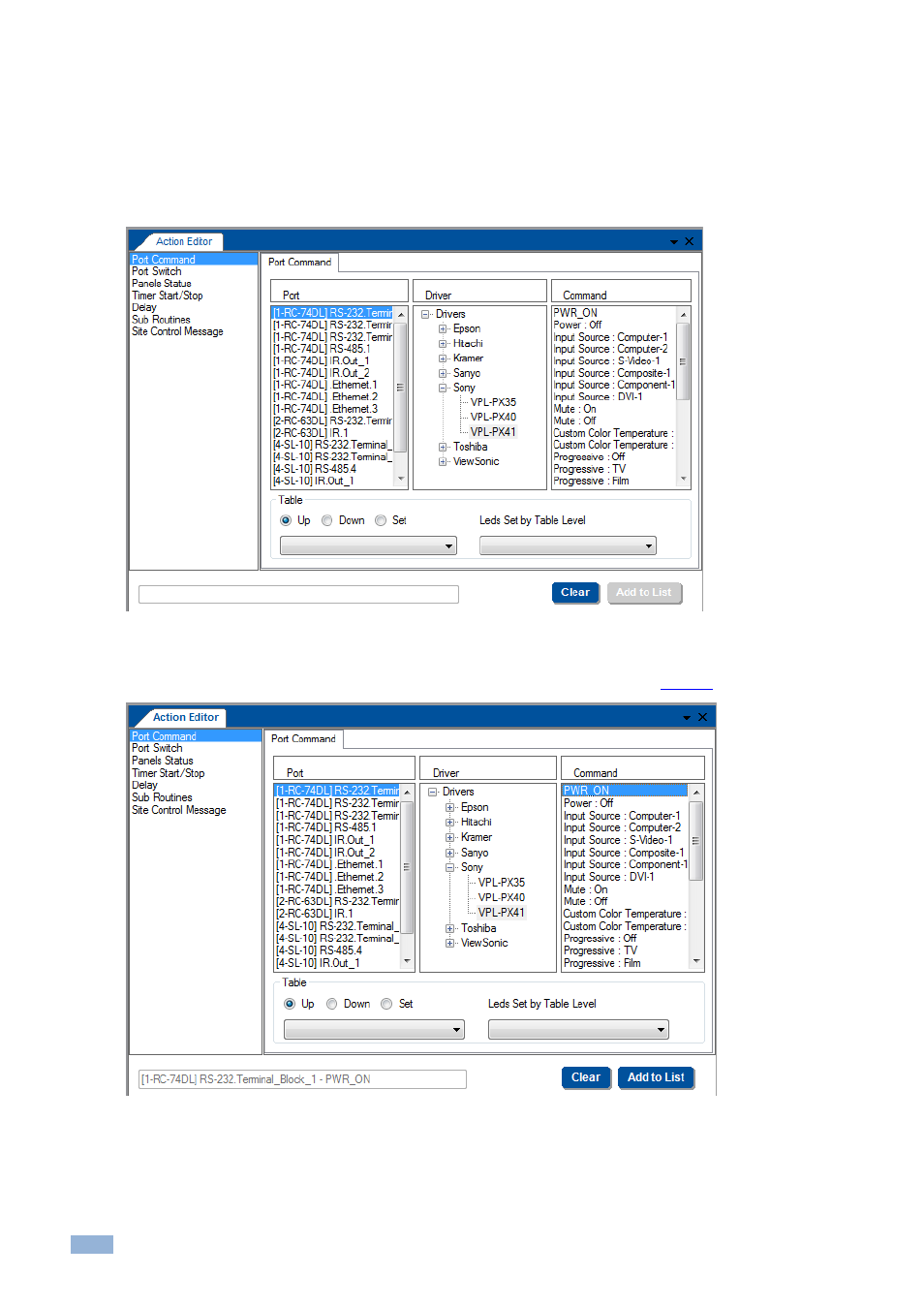 2 adding a port command, Adding a port command, Figure 178: selecting the port command action type | Figure 179: selecting the command | Kramer Electronics WP-501 User Manual | Page 105 / 137
