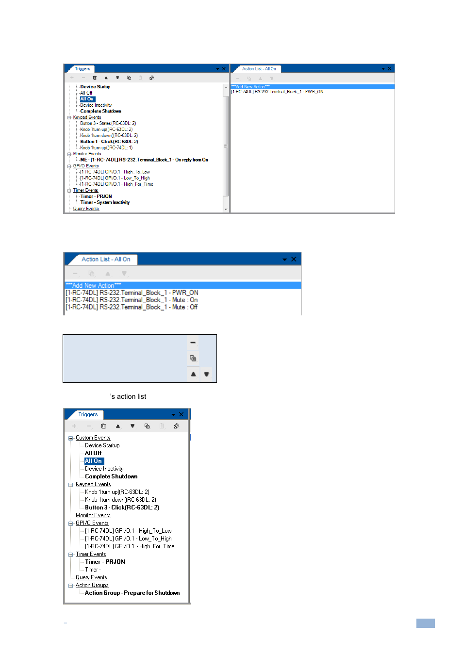 Figure 180: the new command in the action list, Figure 181: the action list for the all on trigger | Kramer Electronics WP-501 User Manual | Page 106 / 137