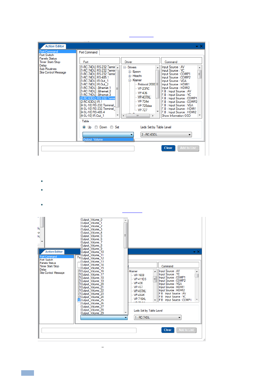 1 adding a table action, Figure 183: the table port command, Figure 184: the table port command | Setting a specific volume level | Kramer Electronics WP-501 User Manual | Page 107 / 137