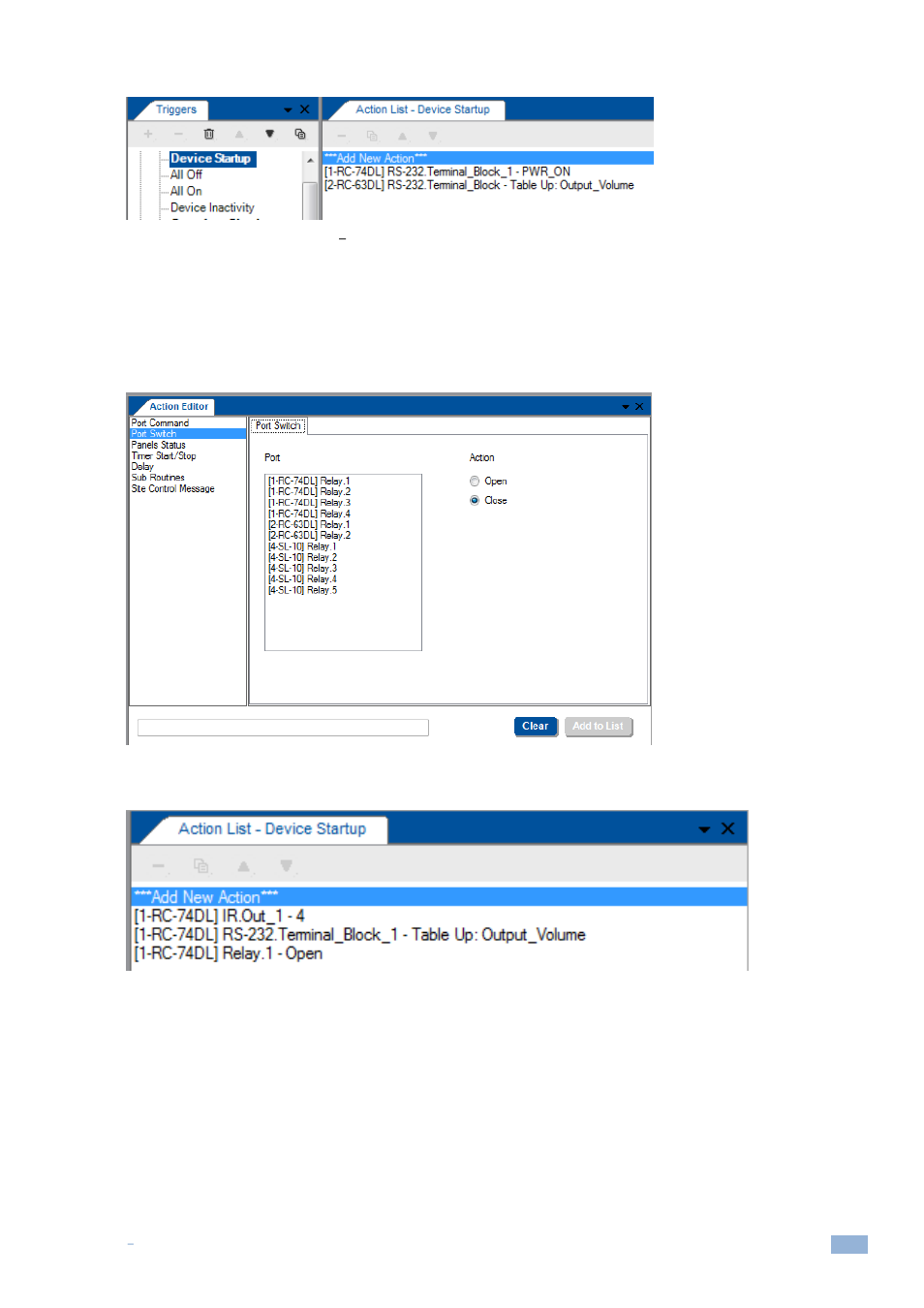 3 adding a port switch action, Adding a port switch action, Figure 185: the table port command | Added to the action list, Figure 186: selecting the port switch action type | Kramer Electronics WP-501 User Manual | Page 108 / 137