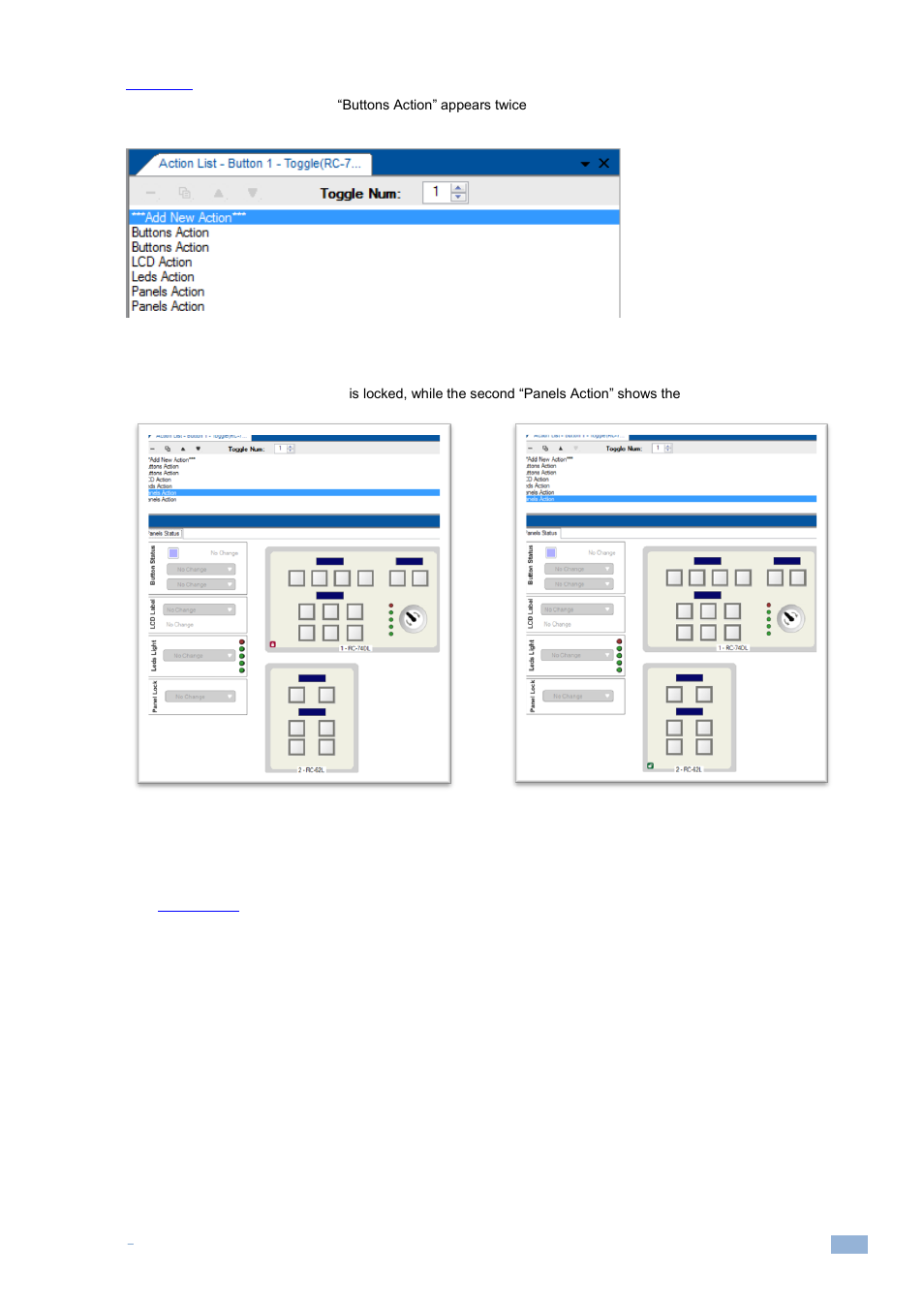 1 the button status, Figure 189: panels status action list, Figure 190: panels status action list names | Kramer Electronics WP-501 User Manual | Page 110 / 137