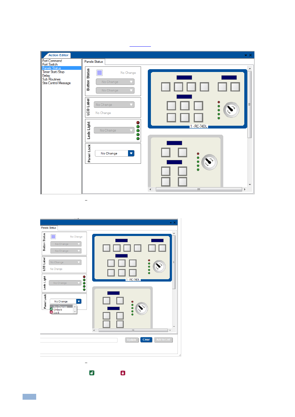 4 the panel lock, Figure 197: panel status, Panel lock | Figure 198: panel status, Locking the front panel buttons | Kramer Electronics WP-501 User Manual | Page 115 / 137