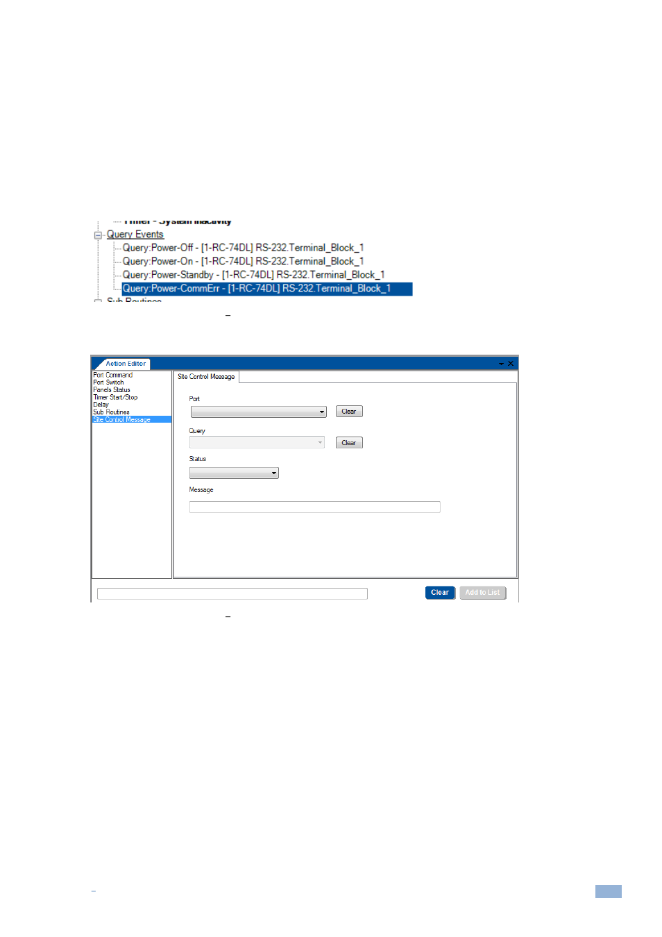 10 site control message, Site control message, Figure 203: site control message | Select the query event, Figure 204: site control message, Action group trigger is added to an event trigger | Kramer Electronics WP-501 User Manual | Page 118 / 137