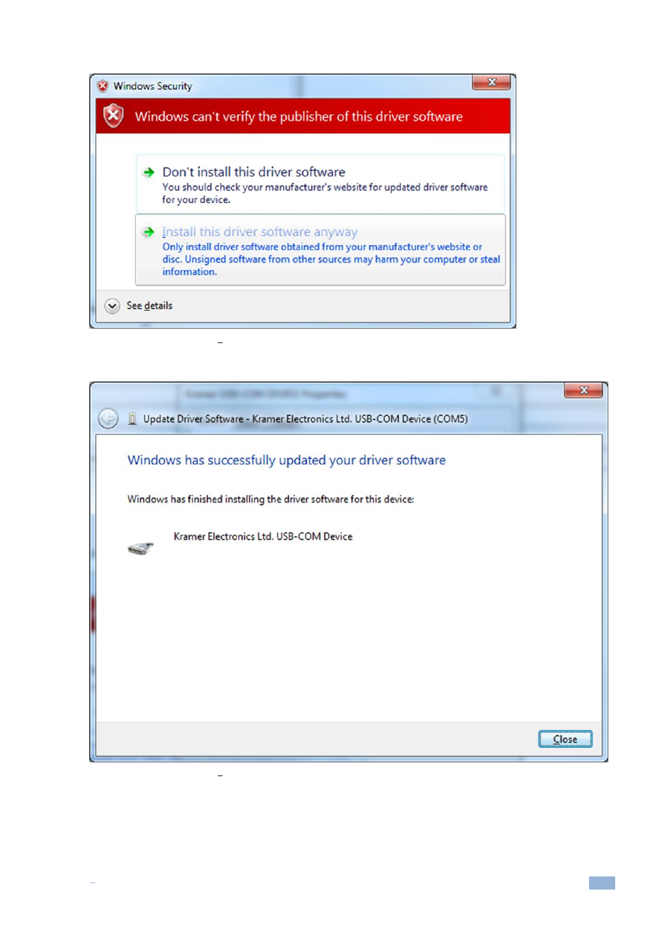 Figure 7: usb driver installation, Windows security, Figure 8: usb driver installation | Usb driver updated | Kramer Electronics WP-501 User Manual | Page 12 / 137