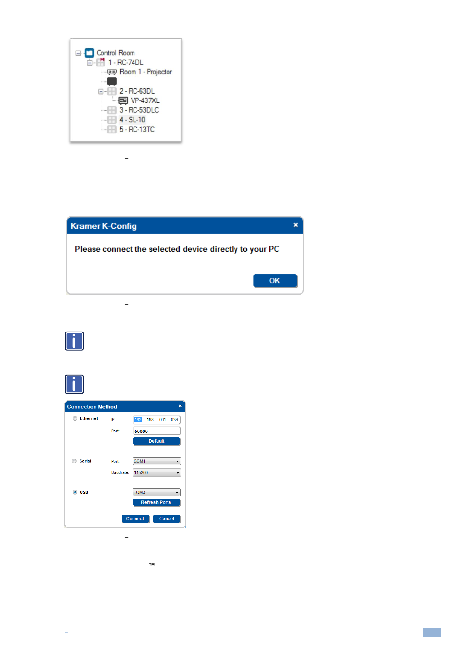 Figure 214: knet id, A controlled room setting example, Figure 215: knet id | Connect the device directly to pc, Figure 216: knet id, The k-net id connect window | Kramer Electronics WP-501 User Manual | Page 126 / 137