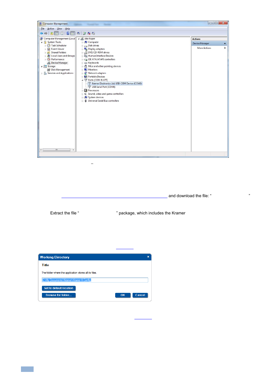 3 installing kramer k-config software, Installing kramer k-config software, Figure 9: usb driver installation | Usb recognized on pc, Figure 10: setting a working directory | Kramer Electronics WP-501 User Manual | Page 13 / 137