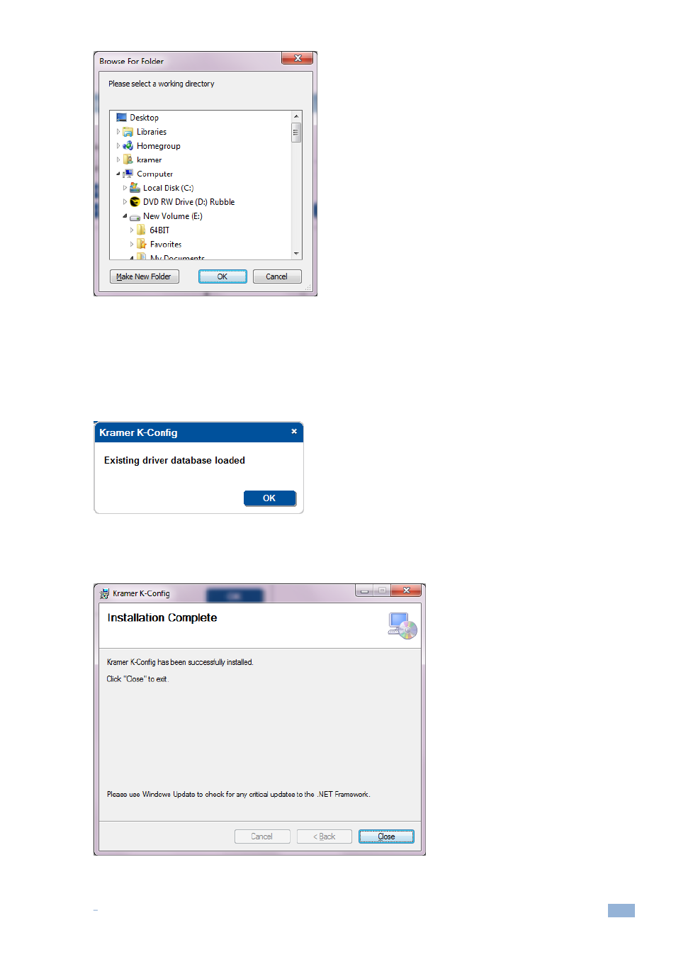 Figure 11: change the working directory window, Figure 12: drive database loaded, Figure 13: installation complete | Figure 11 | Kramer Electronics WP-501 User Manual | Page 14 / 137