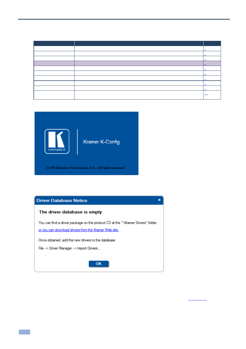 4 getting to know k-config, Getting to know k-config, Figure 14: opening k-config | Figure 15: driver database notice, 4getting to know k-config | Kramer Electronics WP-501 User Manual | Page 15 / 137