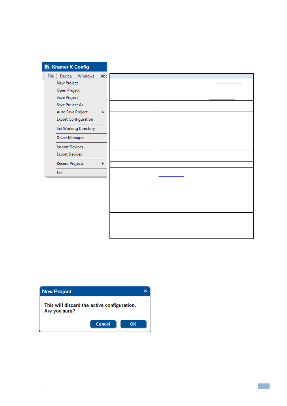 3 the k-config menus, 1 the file menu, 1 starting a new project | The k-config menus, Figure 27: the file menu, Figure 28: new project warning | Kramer Electronics WP-501 User Manual | Page 22 / 137