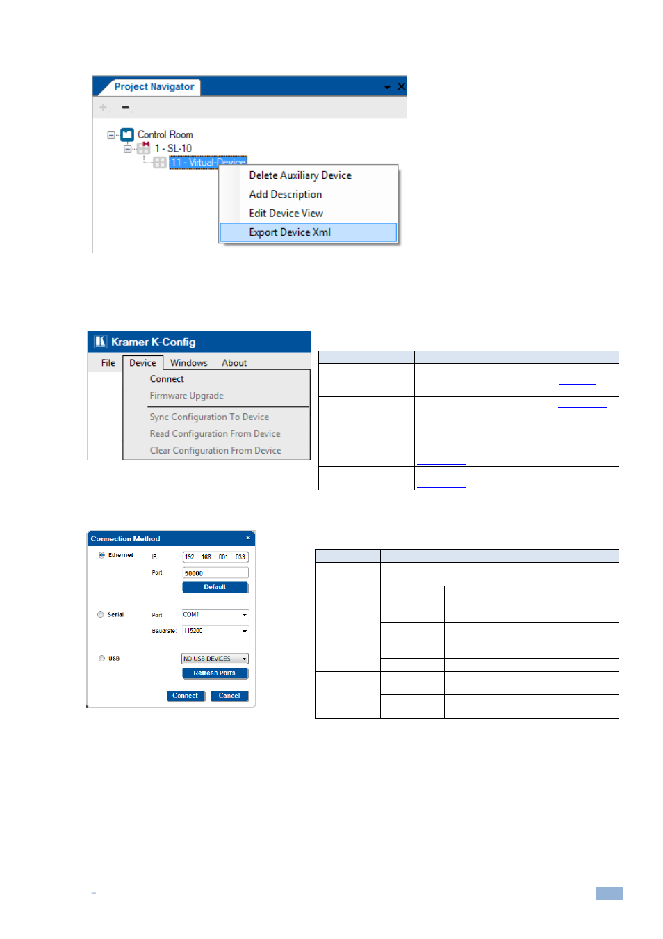 2 the device menu, Figure 35: export device xml, Figure 36: the device menu | Figure 37: the connect window | Kramer Electronics WP-501 User Manual | Page 26 / 137
