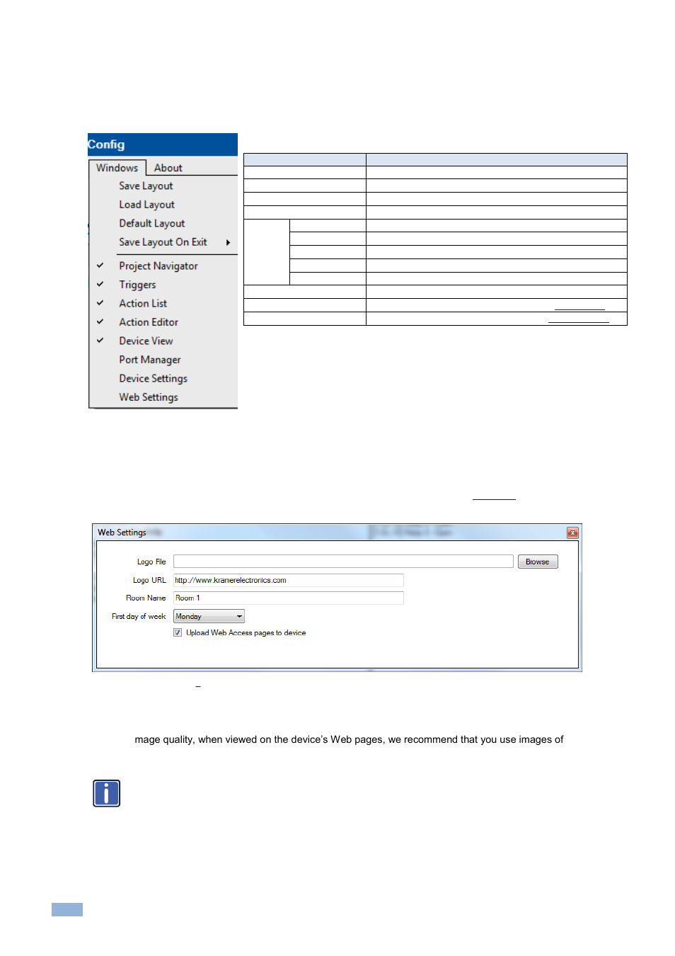 3 the windows menu, 1 web settings, Figure 38: the window menu | Figure 39: window menu, Web settings window | Kramer Electronics WP-501 User Manual | Page 27 / 137