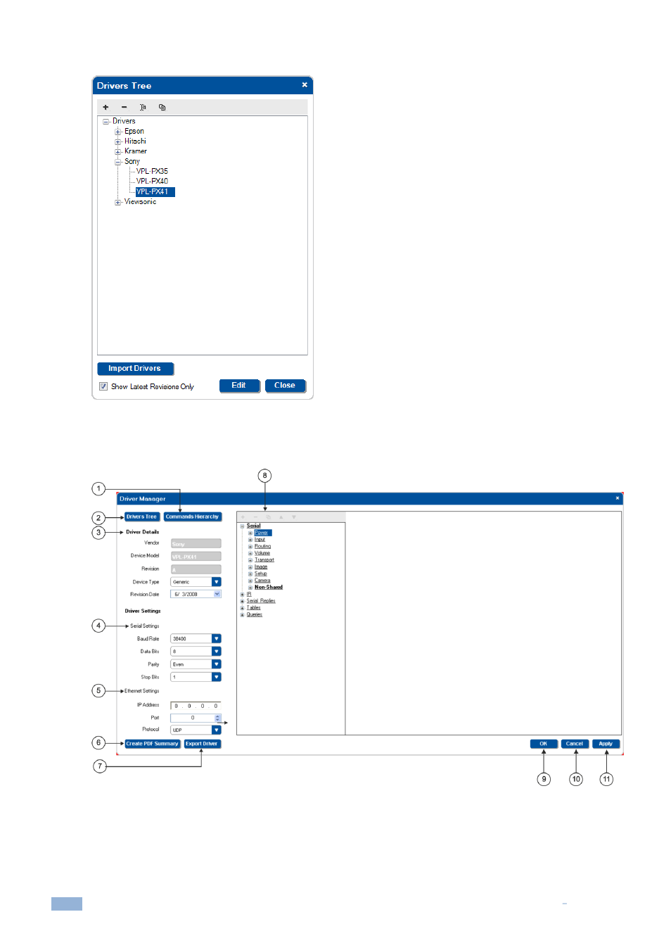 Figure 44: selecting a sony driver, Figure 45: the driver manager window | Kramer Electronics WP-501 User Manual | Page 33 / 137