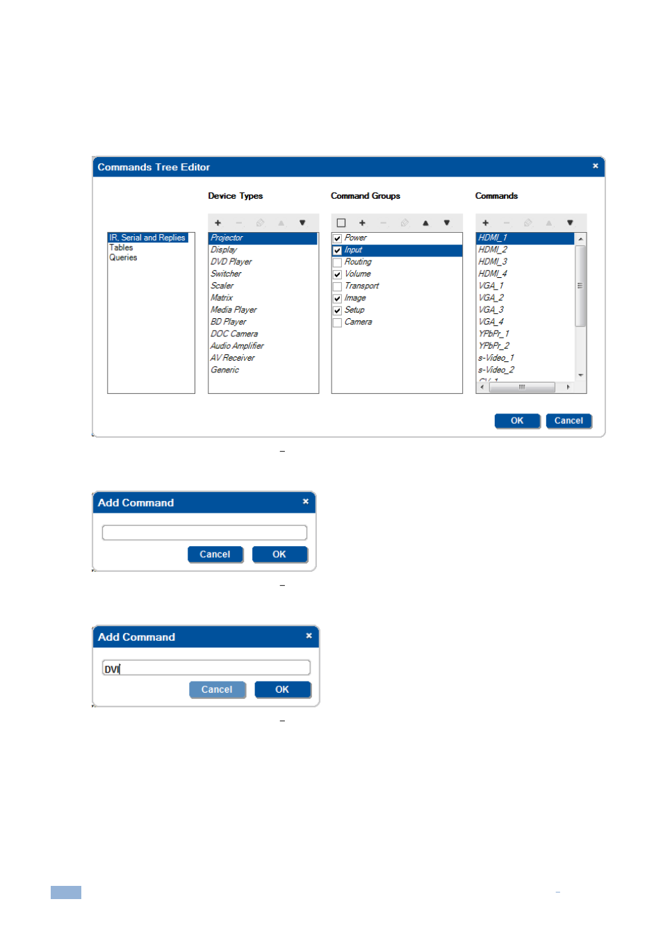 4 adding non-default shared commands, Figure 50: the commands tree editor window, Adding a non-default shared command | Figure 51: the commands tree editor window, Add command window, Figure 52: the commands tree editor window, Adding the command name | Kramer Electronics WP-501 User Manual | Page 37 / 137