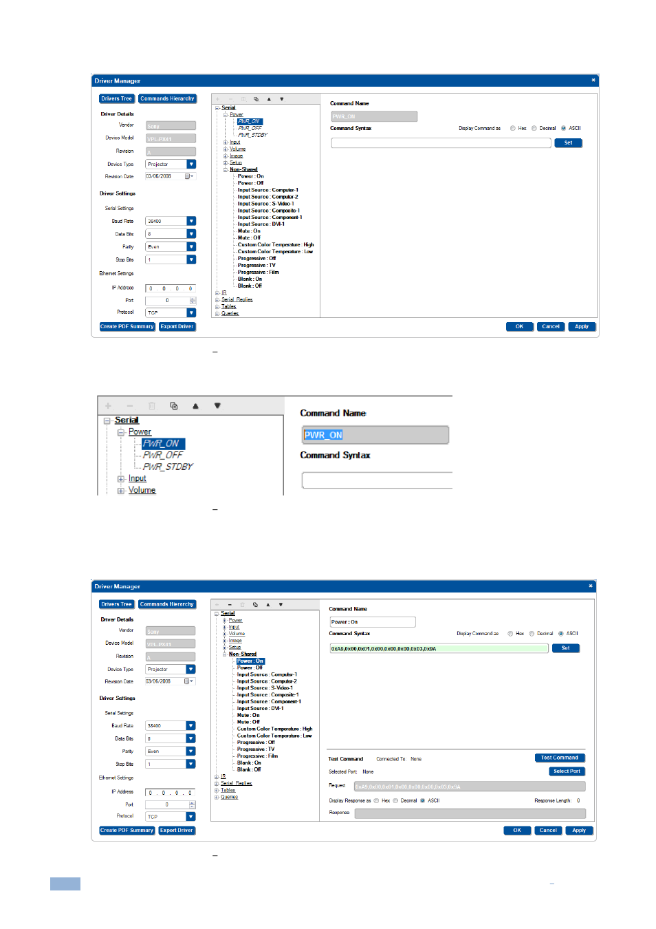 Figure 55: the driver manager, Selecting pwr_on from the power command group, Figure 56: the driver manager | Copying pwr_on from the command name box, Figure 57: the driver manager, The non shared command group | Kramer Electronics WP-501 User Manual | Page 39 / 137