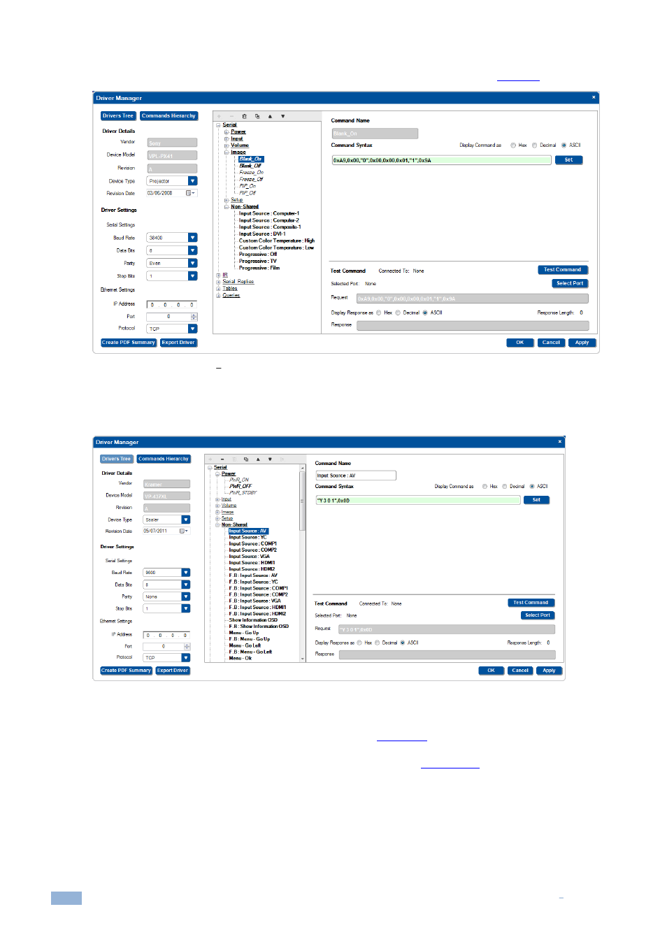 5 serial commands, Serial commands, Figure 60: the driver manager | Standard commands added, Figure 61: serial commands | Kramer Electronics WP-501 User Manual | Page 41 / 137