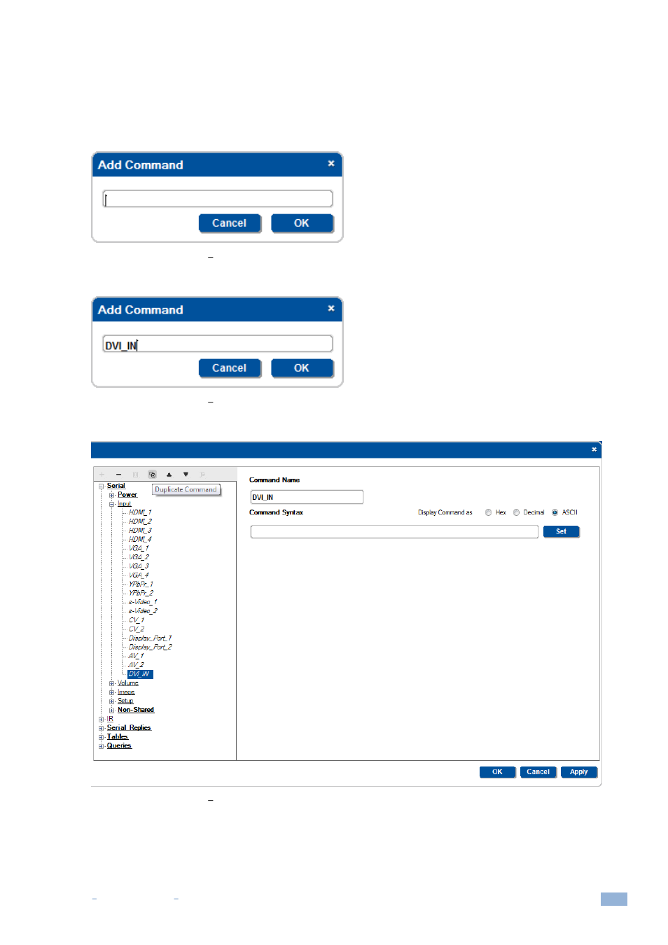 1 creating a serial non-shared command, Figure 62: serial commands, Add new command name | Figure 63: serial commands, The new command name, Figure 64: serial commands, Selecting the new command name | Kramer Electronics WP-501 User Manual | Page 42 / 137