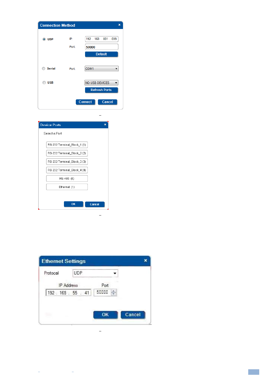 Figure 66: testing serial commands, Connecting the pc to the room controller, Figure 67: testing serial commands | Selecting a device port, Figure 68: testing serial commands, Ethernet settings for auxiliary device, Figure 66, Figure 67 | Kramer Electronics WP-501 User Manual | Page 44 / 137