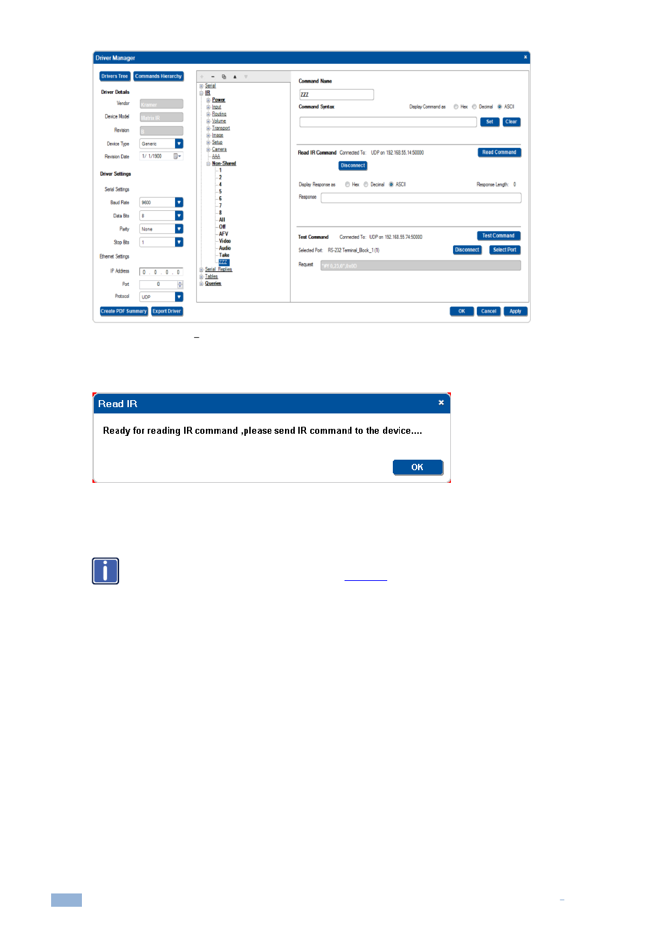 Figure 73: ir commands, The device is connected | Kramer Electronics WP-501 User Manual | Page 47 / 137