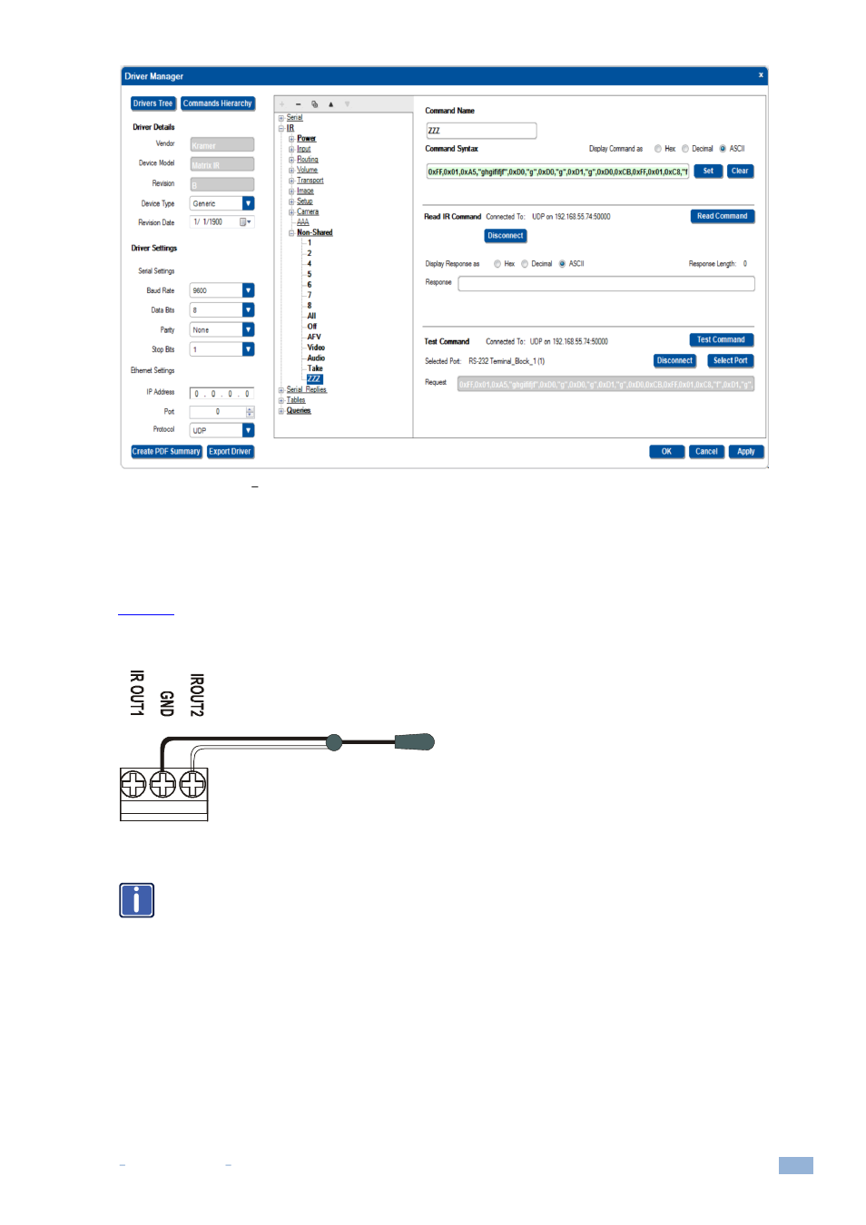 3 creating a serial reply, Figure 74: ir commands, The ir command string obtained | Figure 75: ir emitter wiring | Kramer Electronics WP-501 User Manual | Page 48 / 137