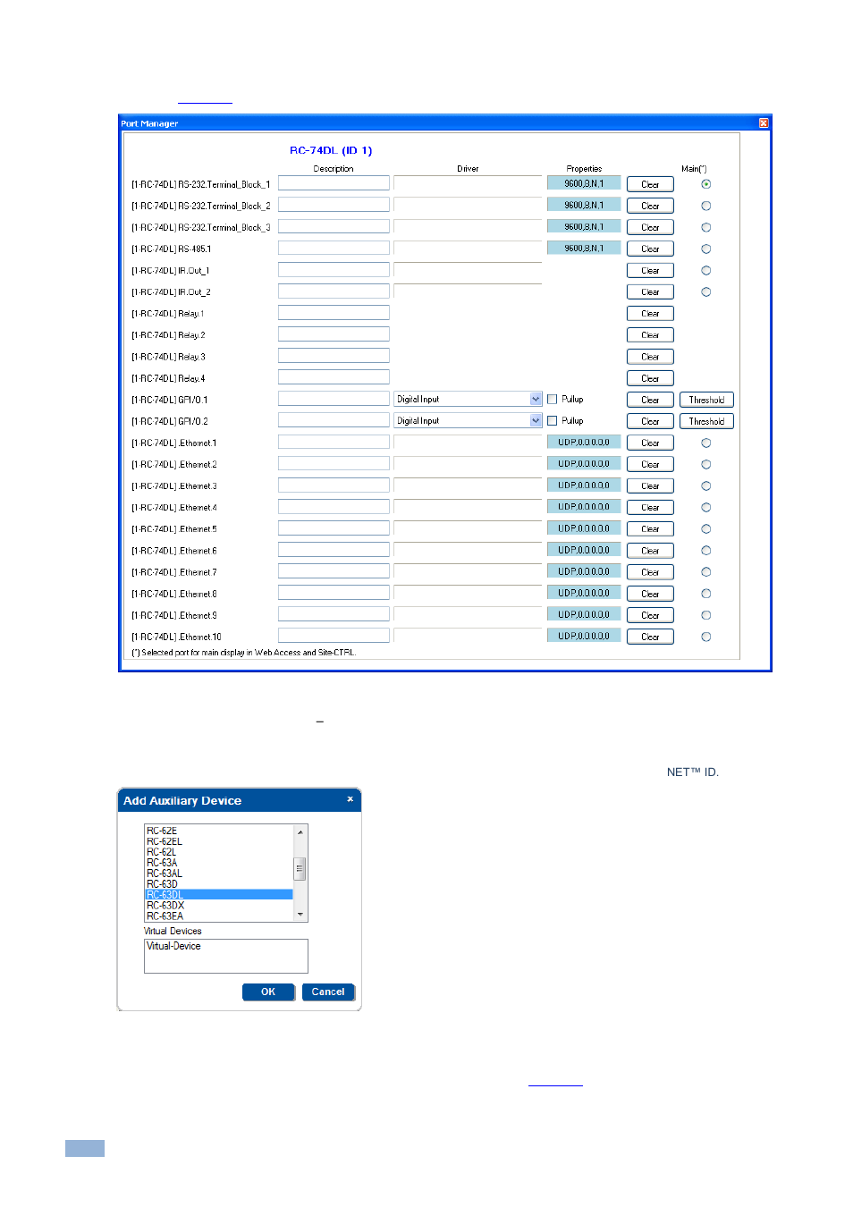 Figure 89: the port manager window for rc-74dl, Figure 90: the auxiliary device window | Kramer Electronics WP-501 User Manual | Page 59 / 137
