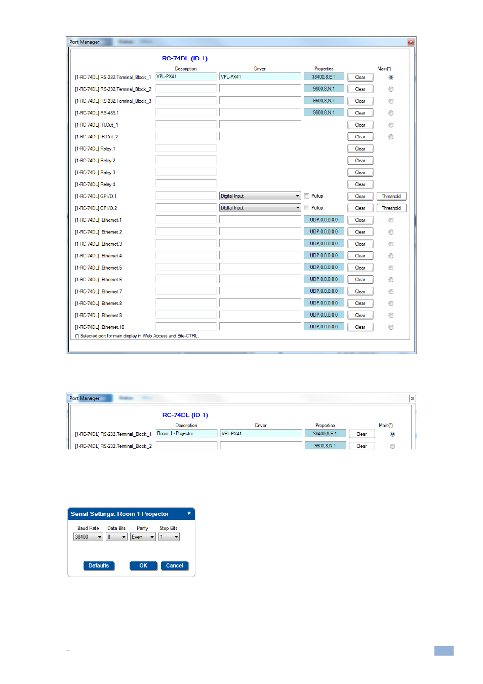 Figure 106: assigning a driver to a port, Figure 107: writing the port description, Figure 108: serial settings window | Kramer Electronics WP-501 User Manual | Page 70 / 137