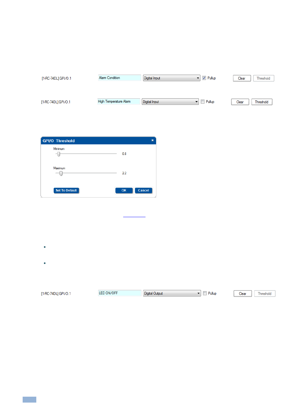 Setting the digital input, 2 digital output, Setting the digital output | Figure 113: gpi/o threshold window | Kramer Electronics WP-501 User Manual | Page 73 / 137