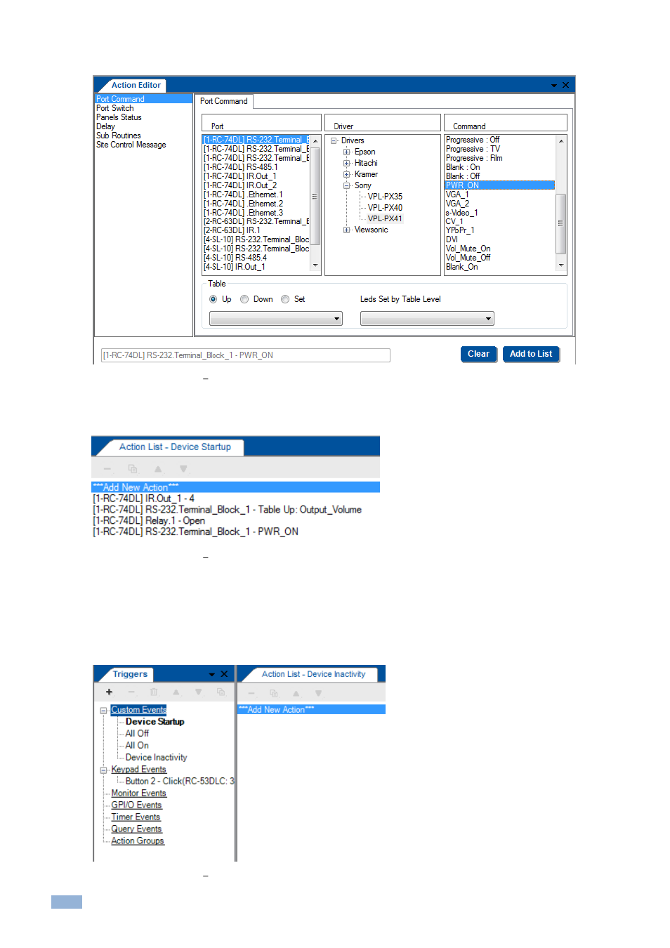 Figure 122: custom events, Selecting the power on command, Figure 123: custom events | Command added to the action list, Figure 124: custom events, Add a new trigger | Kramer Electronics WP-501 User Manual | Page 79 / 137