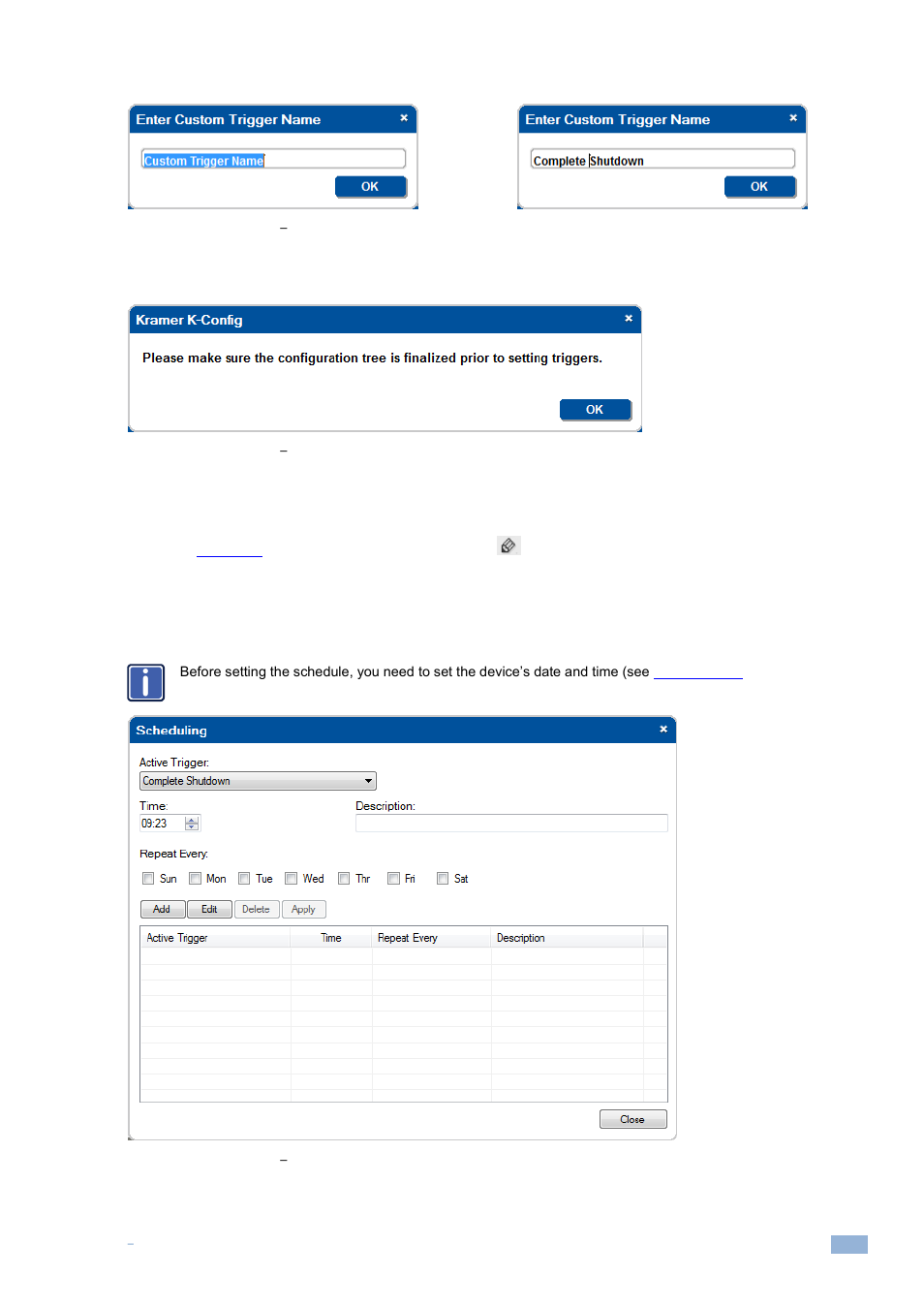 Figure 125: custom events, Add a new trigger name, Figure 126: custom events | K-config message, Figure 127: custom events, The scheduling window | Kramer Electronics WP-501 User Manual | Page 80 / 137