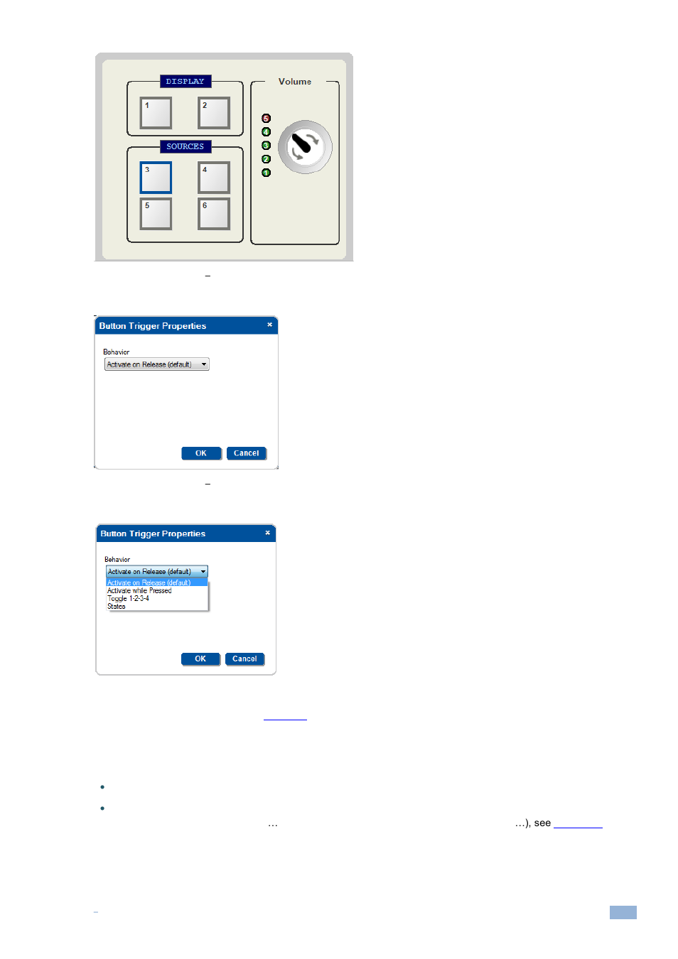 1 button behavior, Figure 130: keypad events, Selecting a button | Figure 131: keypad events, Setting the button behavior, Figure 132: select the button behavior | Kramer Electronics WP-501 User Manual | Page 82 / 137