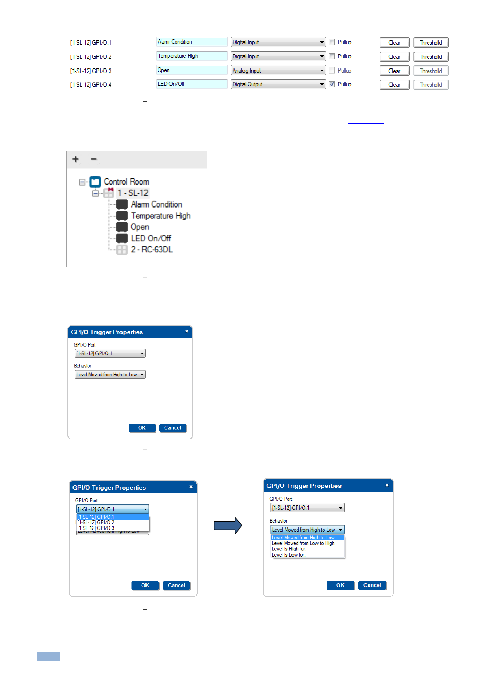 Figure 140: gpi/o events, Port manager setup, Figure 141: gpi/o events | Gpi/o in project navigator, Figure 142: gpi/o events, Gpi/o trigger properties, Figure 143: gpi/o events | Kramer Electronics WP-501 User Manual | Page 87 / 137