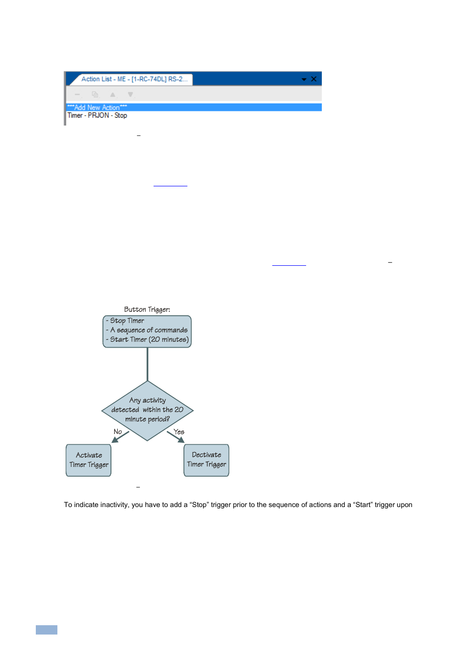 2 system inactivity example, Figure 156: timer trigger, Monitor event action list | Figure 157: timer events, Timer trigger flowchart: inactivity example | Kramer Electronics WP-501 User Manual | Page 93 / 137