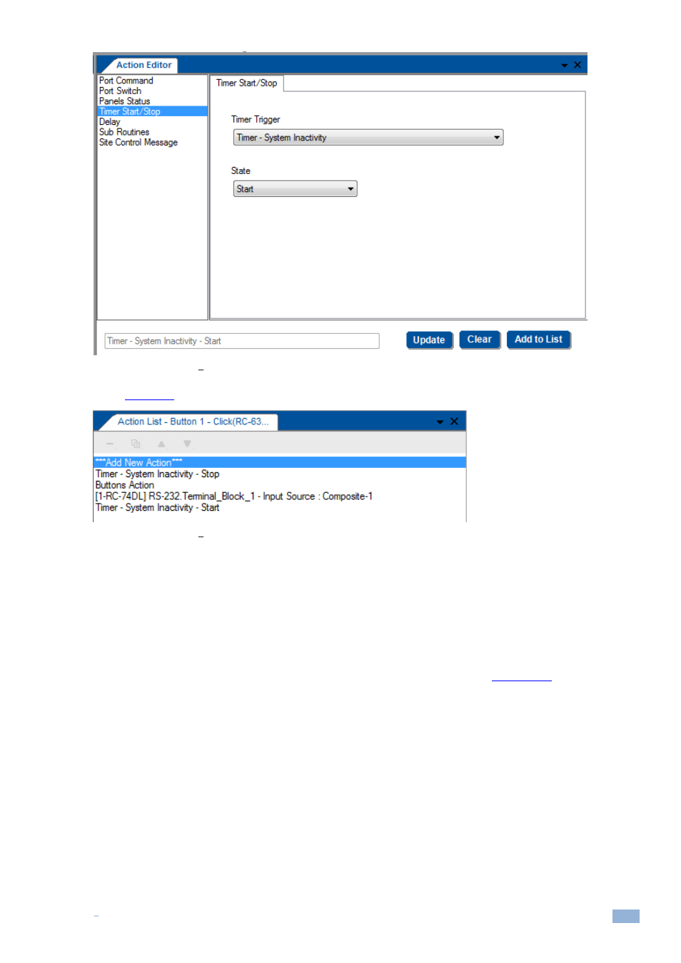 6 query events, Query events, Figure 164: timer events | Add the start timer action, Figure 165: timer events, Button 1 action list with timer triggers | Kramer Electronics WP-501 User Manual | Page 96 / 137