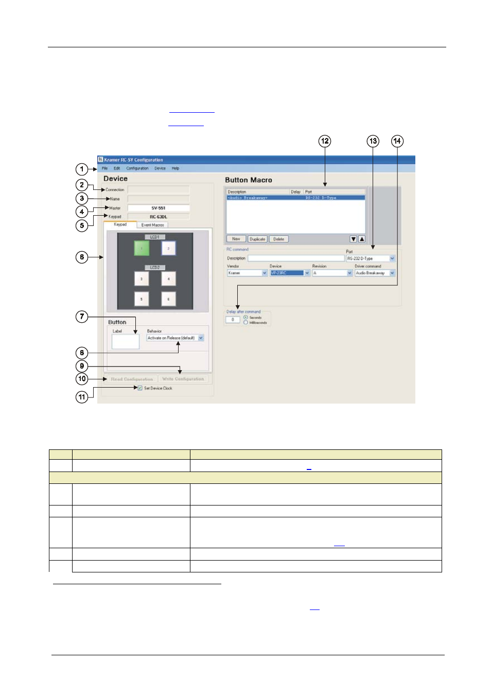 5 the kramer rc-sv configuration main window, The kramer rc-sv configuration main window, Figure 17: the kramer rc configuration main window | Table 5: kramer rc configuration window features, Table 5 , and defines it, The rc configuration software | Kramer Electronics SV-551 User Manual | Page 24 / 51