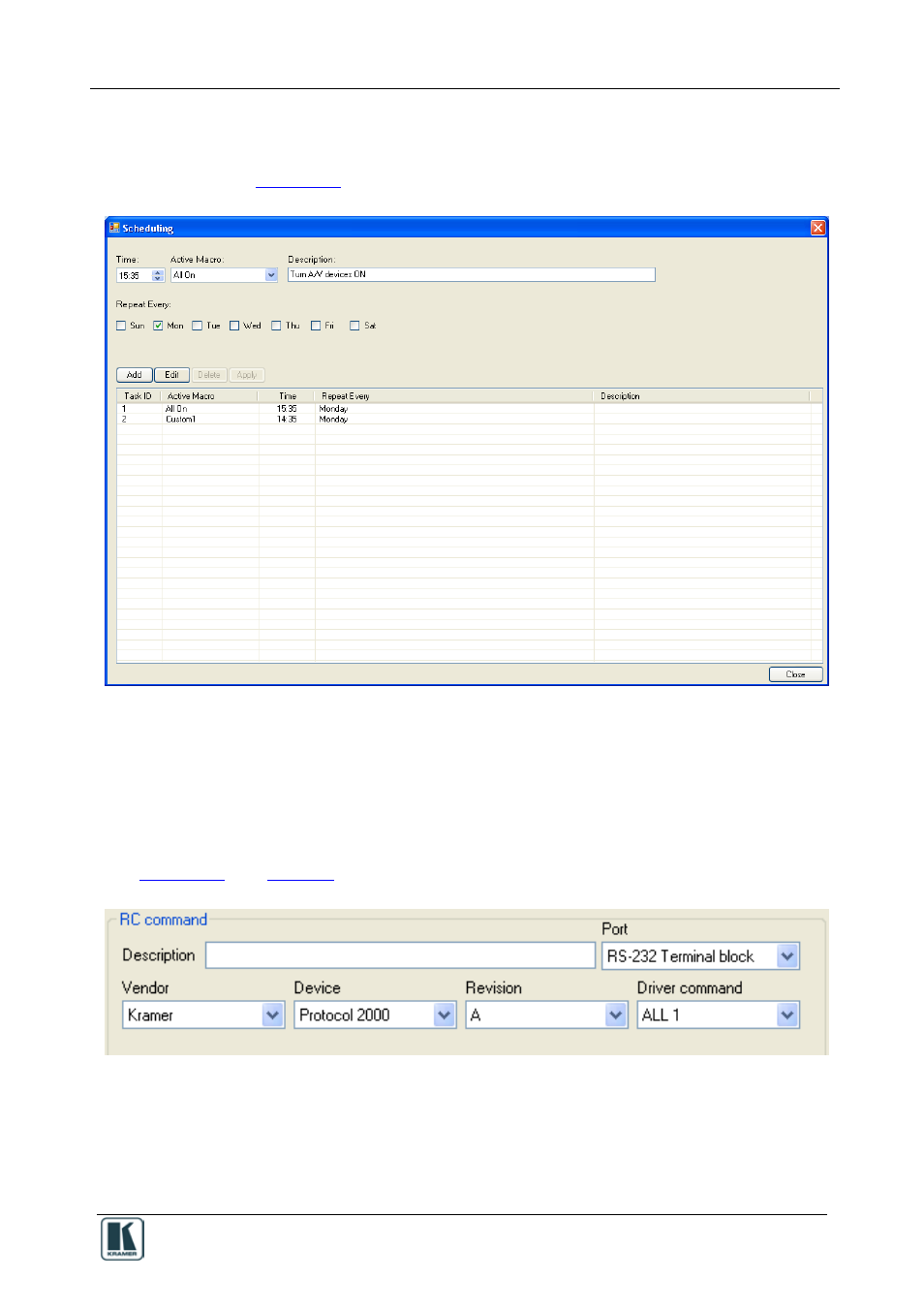 2 scheduling, 3 the rc command area, 1 the ir, rs-232 and rs-485 ports rc command area | Scheduling 23, The rc command area, Figure 20: the scheduling window, Ection, Describes the different comm | Kramer Electronics SV-551 User Manual | Page 27 / 51
