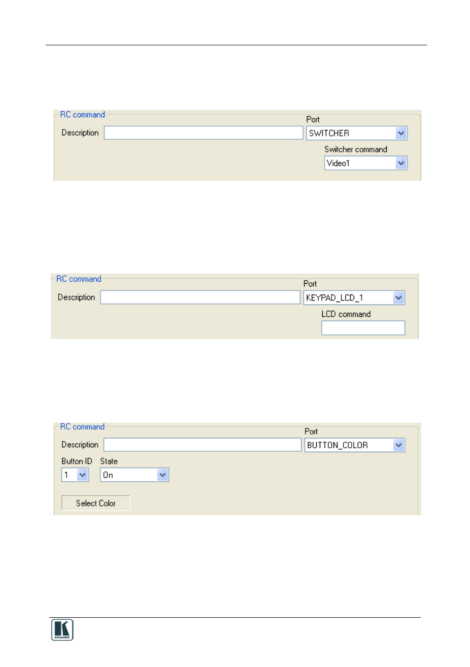 4 the switcher port rc command area, 5 the keypad lcd port rc command area, 6 the button color port rc command area | Figure 24: switcher port rc command area, Figure 25: switcher port rc command area, Figure 26: button color port rc command area | Kramer Electronics SV-551 User Manual | Page 29 / 51
